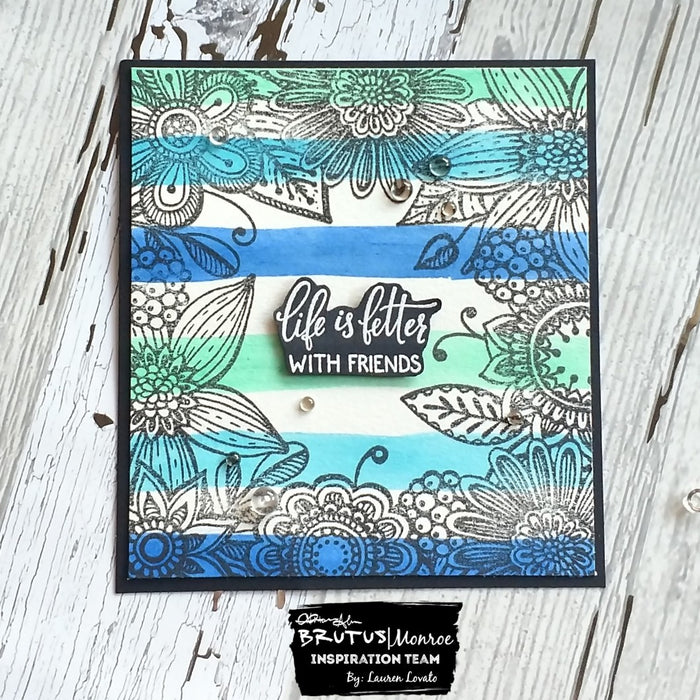 Floral Stamp Over Aqua Pigment Stripes