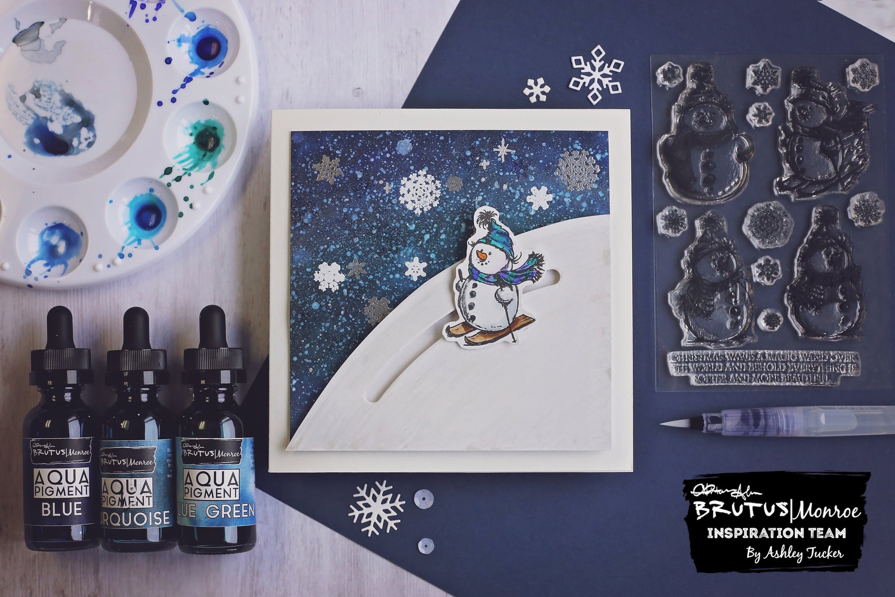 Snowman Slider Card | Aqua Pigment Background
