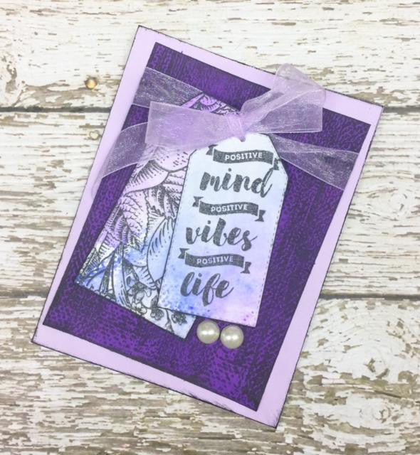 Purple Tag Card Using Watercolor Pencils and Scratch Background Stamp