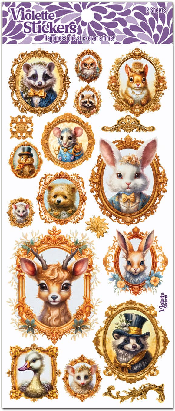 Gold Framed Woodland Critter Portrait  | Stickers | Violette Stickers