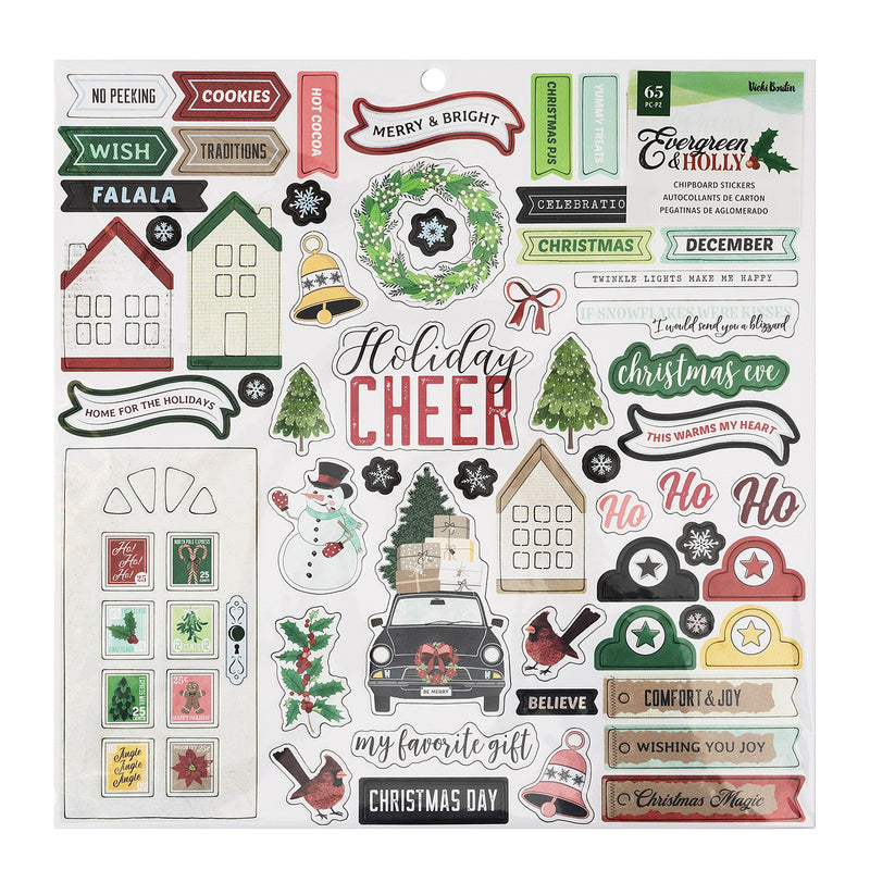 Icons & Phrases | Evergreen & Holly | Chipboard Stickers 12"X12"