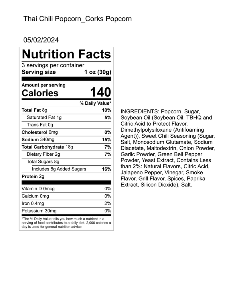 Corks Popcorn - Sweet Thai Chili Popcorn - 3.0 oz