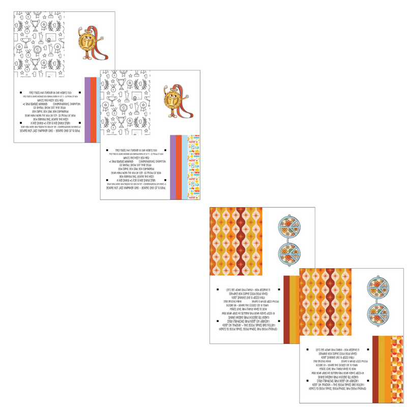 Set of design sheets with patterns and text on a white background