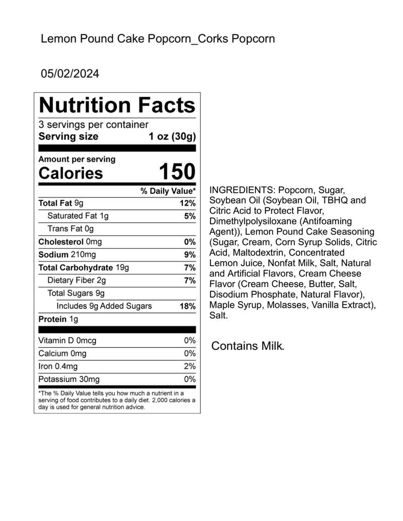 Corks Popcorn - Lemon Pound Cake Popcorn - 3.0 oz