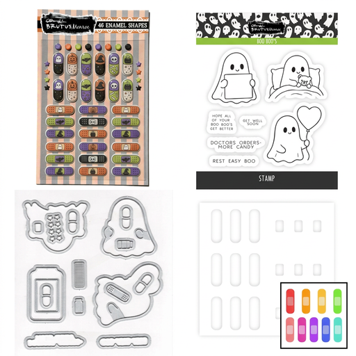 Boo Boo Bundle with enamel shapes stickers, ghost stamp set, coordinating dies, and bandaid stencil