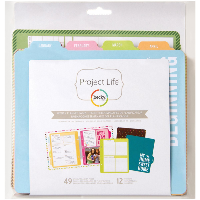 Becky Brand Project Life weekly planner pages in a clear plastic blister pack, featuring a light blue outer sleeve and colorful page tabs in green, pink, orange, and yellow.