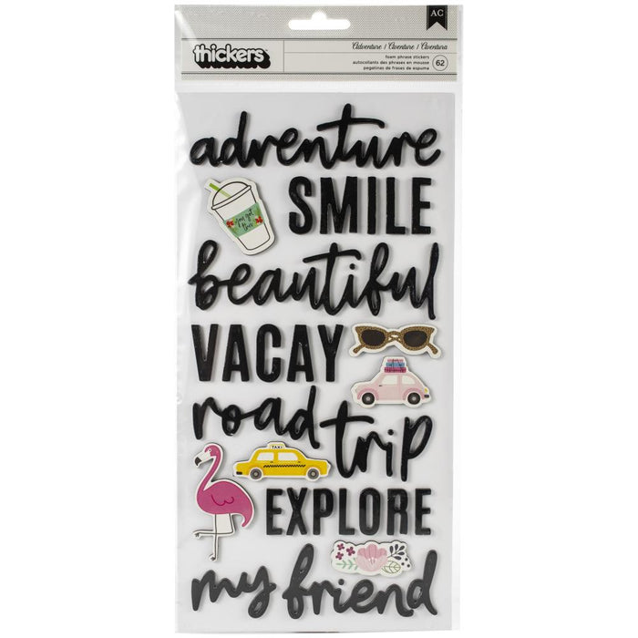 Pebbles | Chasing Adventures Thickers Stickers 5.5"X11" 62/Pkg - Phrases/Icons Black foam